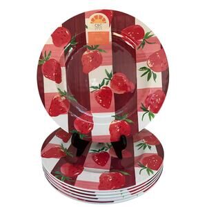 New C&C California Strawberry Plaid Melamine Dinner Plates Set of 6